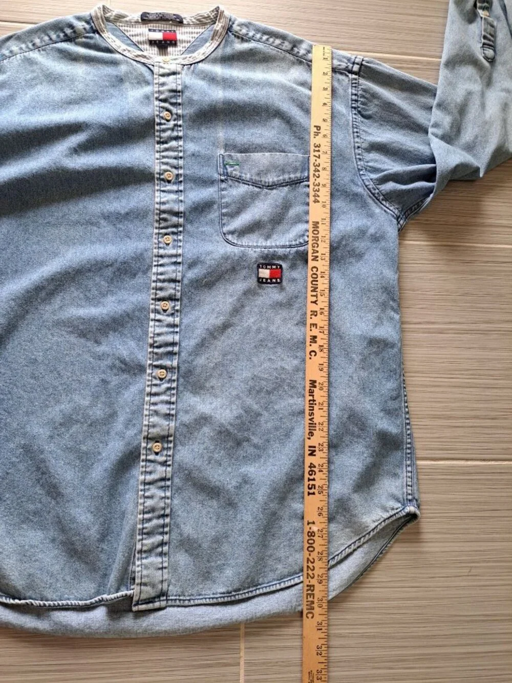 Vtg 90's Tommy Jeans Band Collar Denim Shirt XL Men's Logo Embroidery Button - Picture 10 of 14